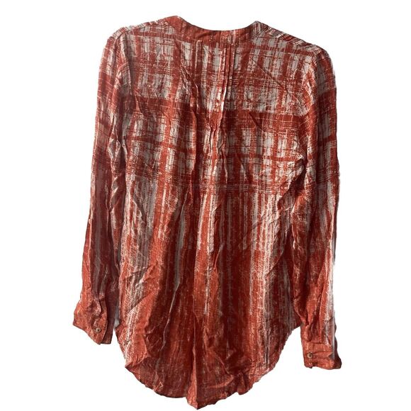 59-7 ANTHROPOLOGIE MAEVE orange tan pleated rayon long button up sleeve top 4 - Picture 7 of 8